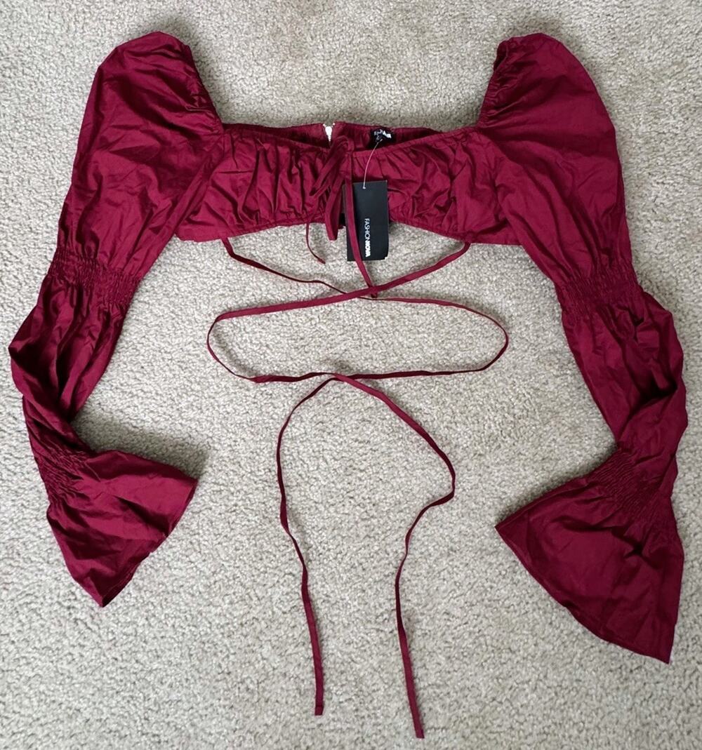 Fashion Nova Burgundy Meet Me At Brunch Crop Top XL Puff Sleeve Blouse NWT